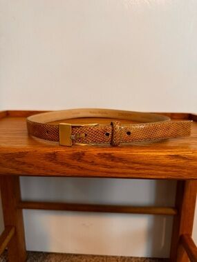 DKNY Tan Lizard-Embossed Leather Belt with Gold Buckle